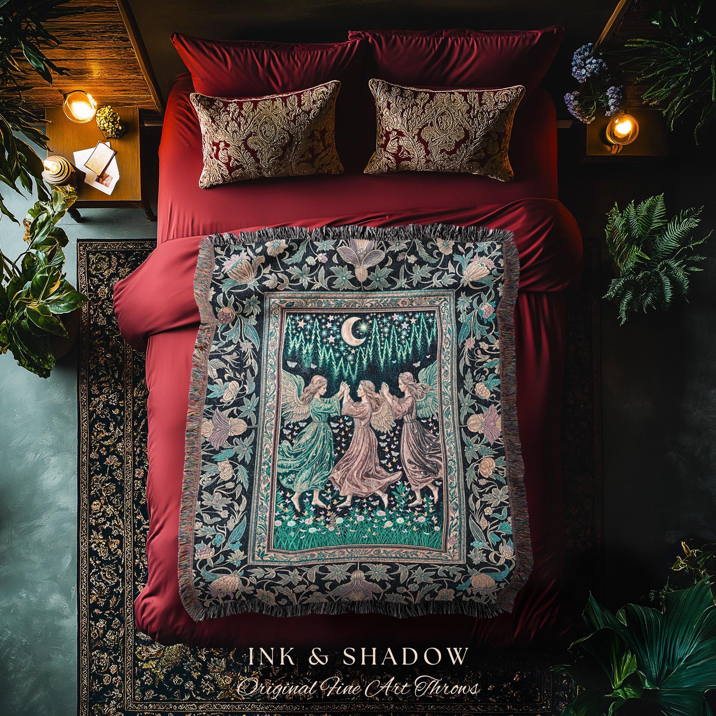 Moonlit Midsummer Night Angel Blanket | Ethereal Folklore Fairy Decor Cottagecore Medieval Dreamy Woven Tapestry Fairycore Dark Academia |