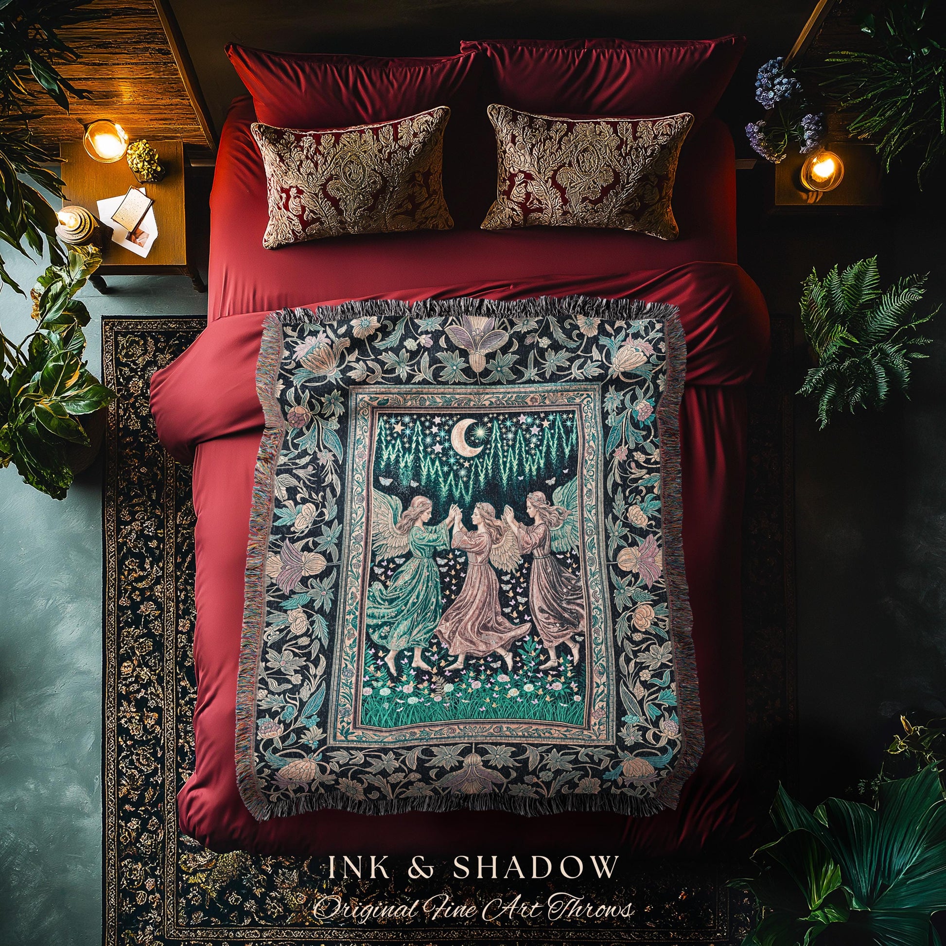 Moonlit Midsummer Night Angel Blanket | Ethereal Folklore Fairy Decor Cottagecore Medieval Dreamy Woven Tapestry Fairycore Dark Academia |