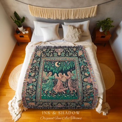 Moonlit Midsummer Night Angel Blanket | Ethereal Folklore Fairy Decor Cottagecore Medieval Dreamy Woven Tapestry Fairycore Dark Academia |