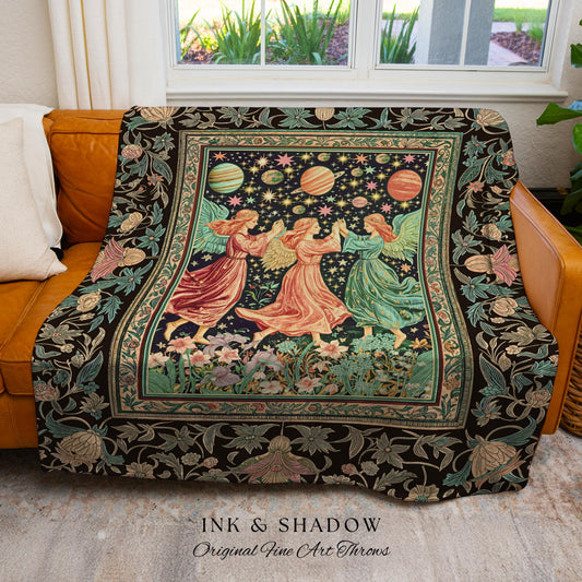 Astral Angels Whimsical Cozy Throw | Modern Medieval Fairycore Blanket Enchanted Dreamy Cottagecore Dark Academia Aesthetic Woven Tapestry |