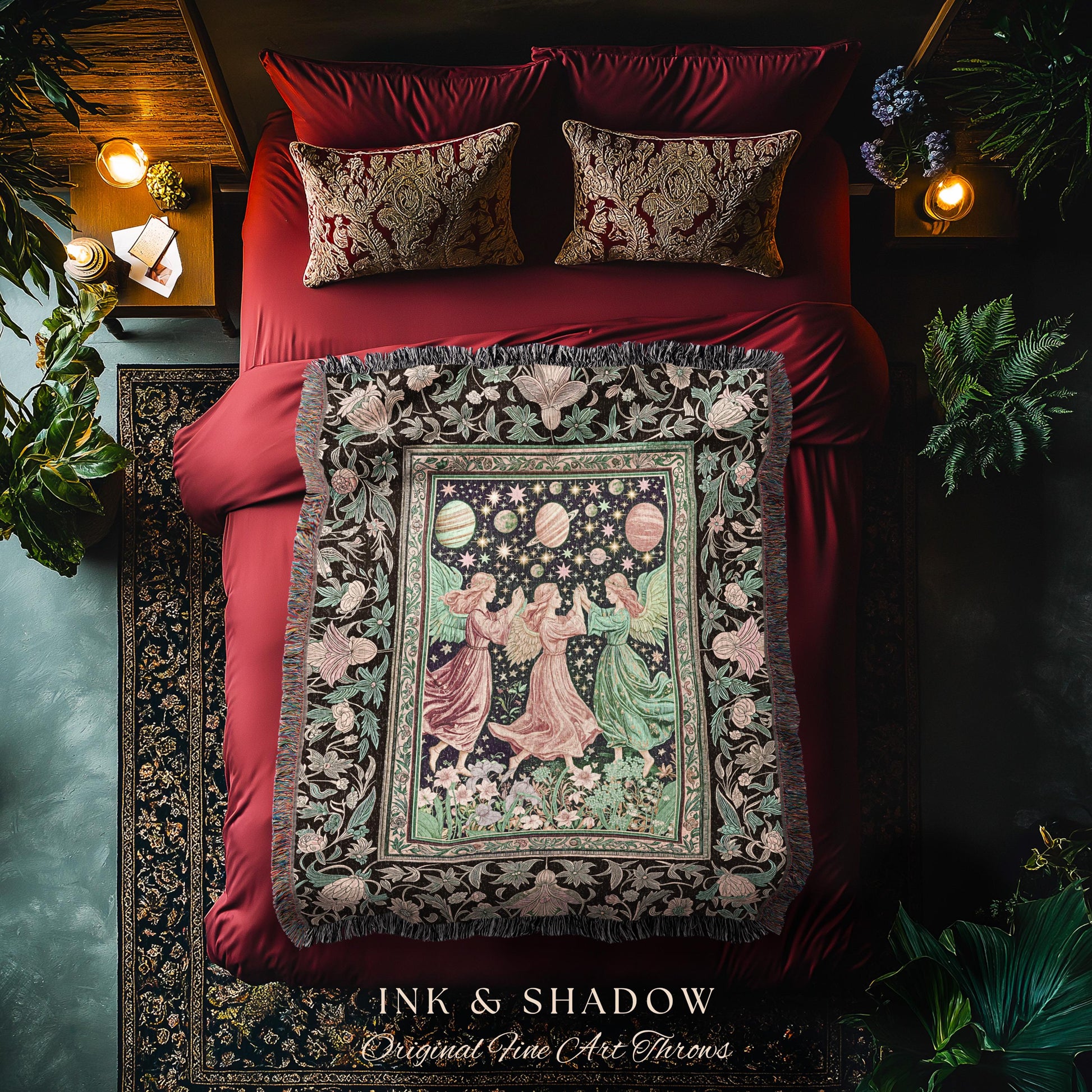Astral Angels Whimsical Cozy Throw | Modern Medieval Fairycore Blanket Enchanted Dreamy Cottagecore Dark Academia Aesthetic Woven Tapestry |