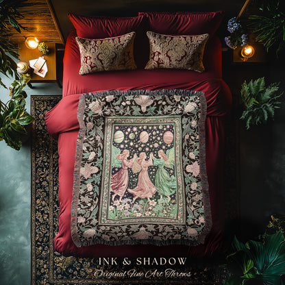 Astral Angels Whimsical Cozy Throw | Modern Medieval Fairycore Blanket Enchanted Dreamy Cottagecore Dark Academia Aesthetic Woven Tapestry |