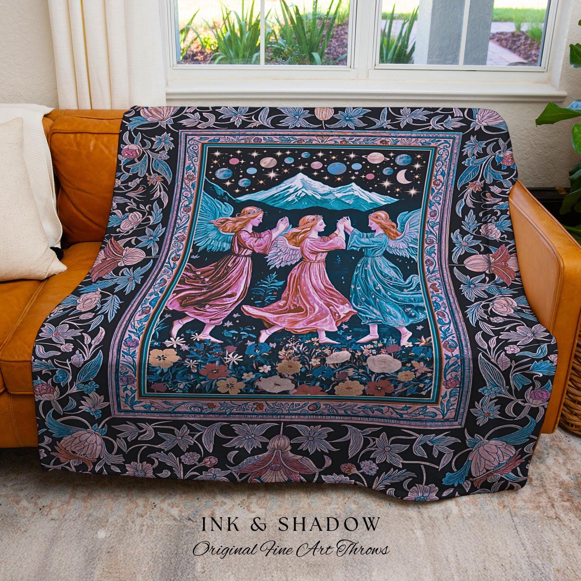 Mountain Maidens Ethereal Woven Tapestry | Whimsical Folklore Angels Enchanted Cottagecore Throw Blanket Medieval Fairycore Dark Academia |