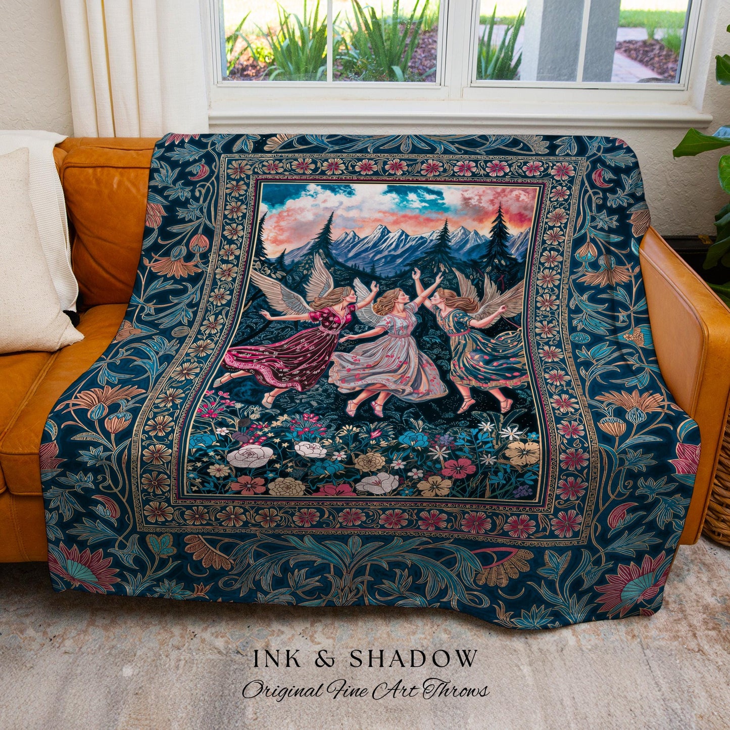 Playful Woodland Fairies Blanket | Dreamy Enchanted Fairytale Woven Tapestry Fairycore Medieval Throw Cottagecore Whimsical Folklore Vibe |