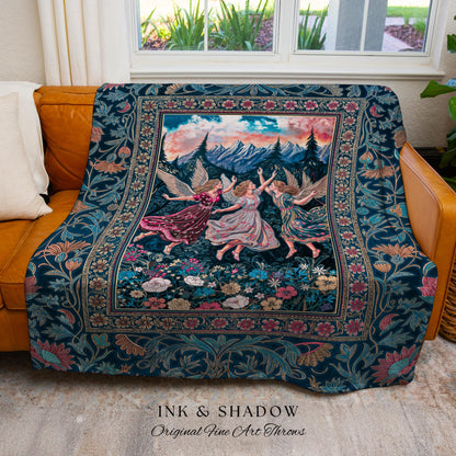 Playful Woodland Fairies Blanket | Dreamy Enchanted Fairytale Woven Tapestry Fairycore Medieval Throw Cottagecore Whimsical Folklore Vibe |
