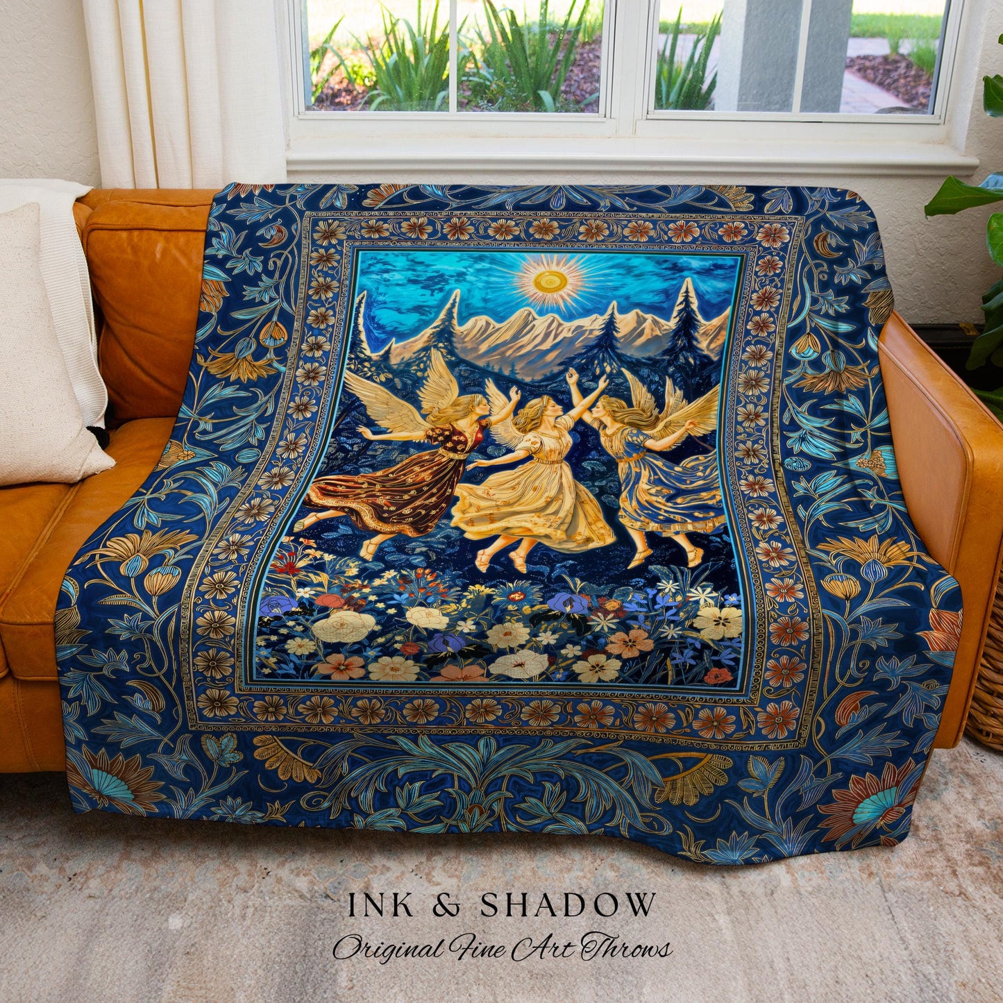 Witchy Fairy Sisters Woven Tapestry | Ethereal Dreamy Throw Blanket Mystic Cottagecore Folklore Style Whimsical Medieval Wildflower Meadow