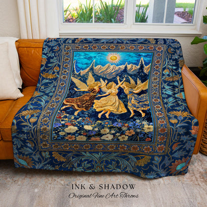 Witchy Fairy Sisters Woven Tapestry | Ethereal Dreamy Throw Blanket Mystic Cottagecore Folklore Style Whimsical Medieval Wildflower Meadow