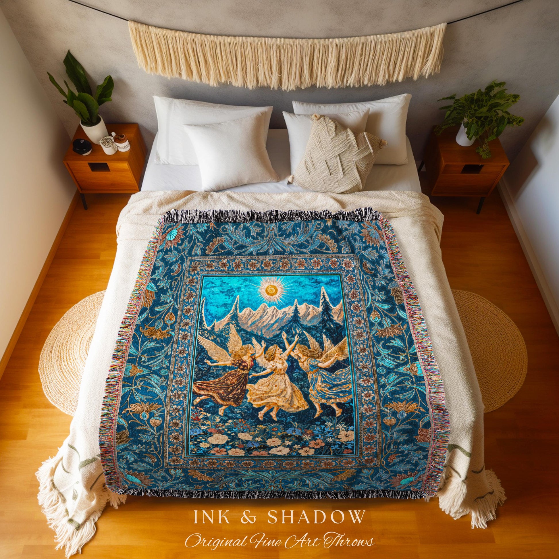 Witchy Fairy Sisters Woven Tapestry | Ethereal Dreamy Throw Blanket Mystic Cottagecore Folklore Style Whimsical Medieval Wildflower Meadow
