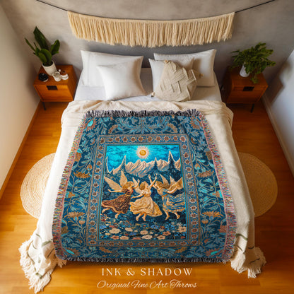 Witchy Fairy Sisters Woven Tapestry | Ethereal Dreamy Throw Blanket Mystic Cottagecore Folklore Style Whimsical Medieval Wildflower Meadow