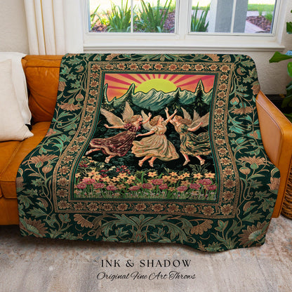 Storybook Retro Fairies Woven Tapestry | Whimsical Vintage Fairytale Enchanted Cottagecore Bedroom Dreamy Throw Blanket Medieval Mythology |