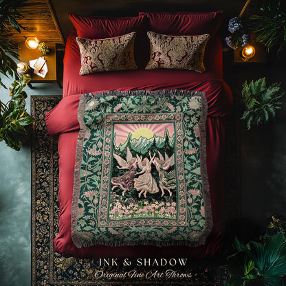 Storybook Retro Fairies Woven Tapestry | Whimsical Vintage Fairytale Enchanted Cottagecore Bedroom Dreamy Throw Blanket Medieval Mythology |
