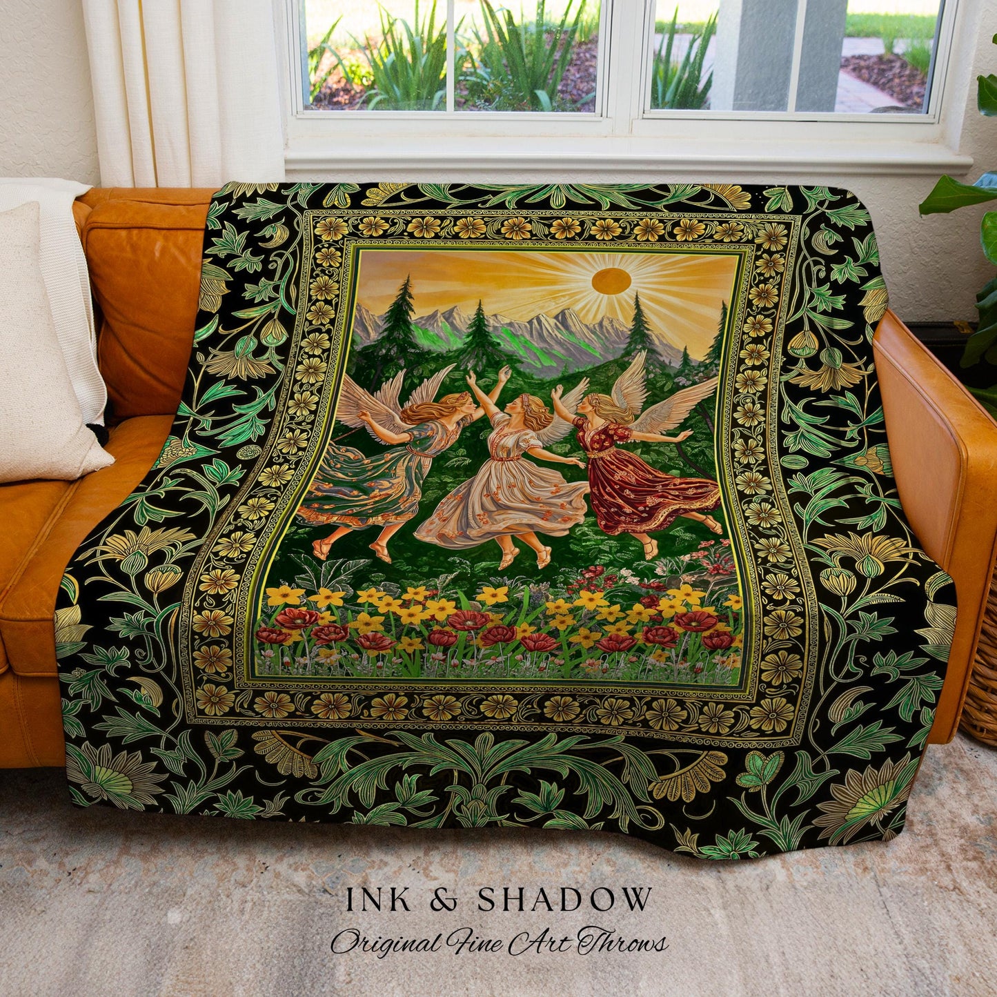 Dreamy Fairy Meadow Woven Tapestry | Midsummer Folklore Throw Blanket Fairycore Forest Nymph Decor Fairytale Cottagecore Retro Scandinavian