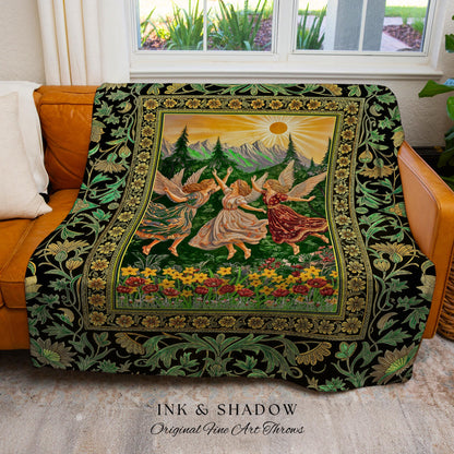 Dreamy Fairy Meadow Woven Tapestry | Midsummer Folklore Throw Blanket Fairycore Forest Nymph Decor Fairytale Cottagecore Retro Scandinavian