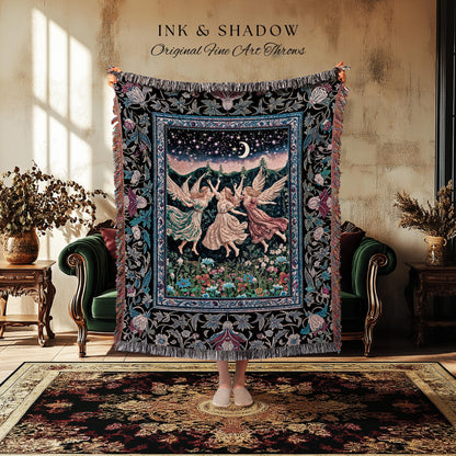 Nostalgic Fairytale Woodland Throw | Pastel Fairycore Dark Academia Blanket Medieval Angel Aesthetic Whimsical Woodland Enchanted Tapestry |