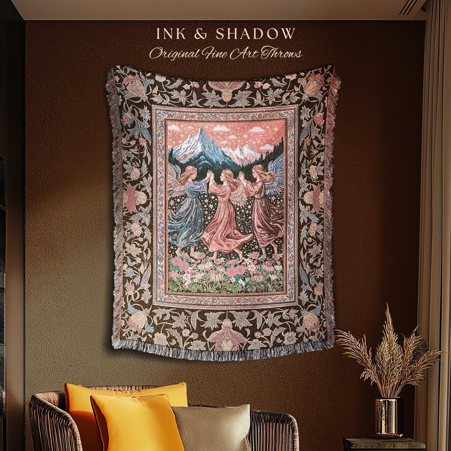 Enchanted Meadow Angel Blanket | Ethereal Dreamy Bohemian Cottagecore Light Academia Mystic Folklore Woven Tapestry Pastel Whimsical Decor