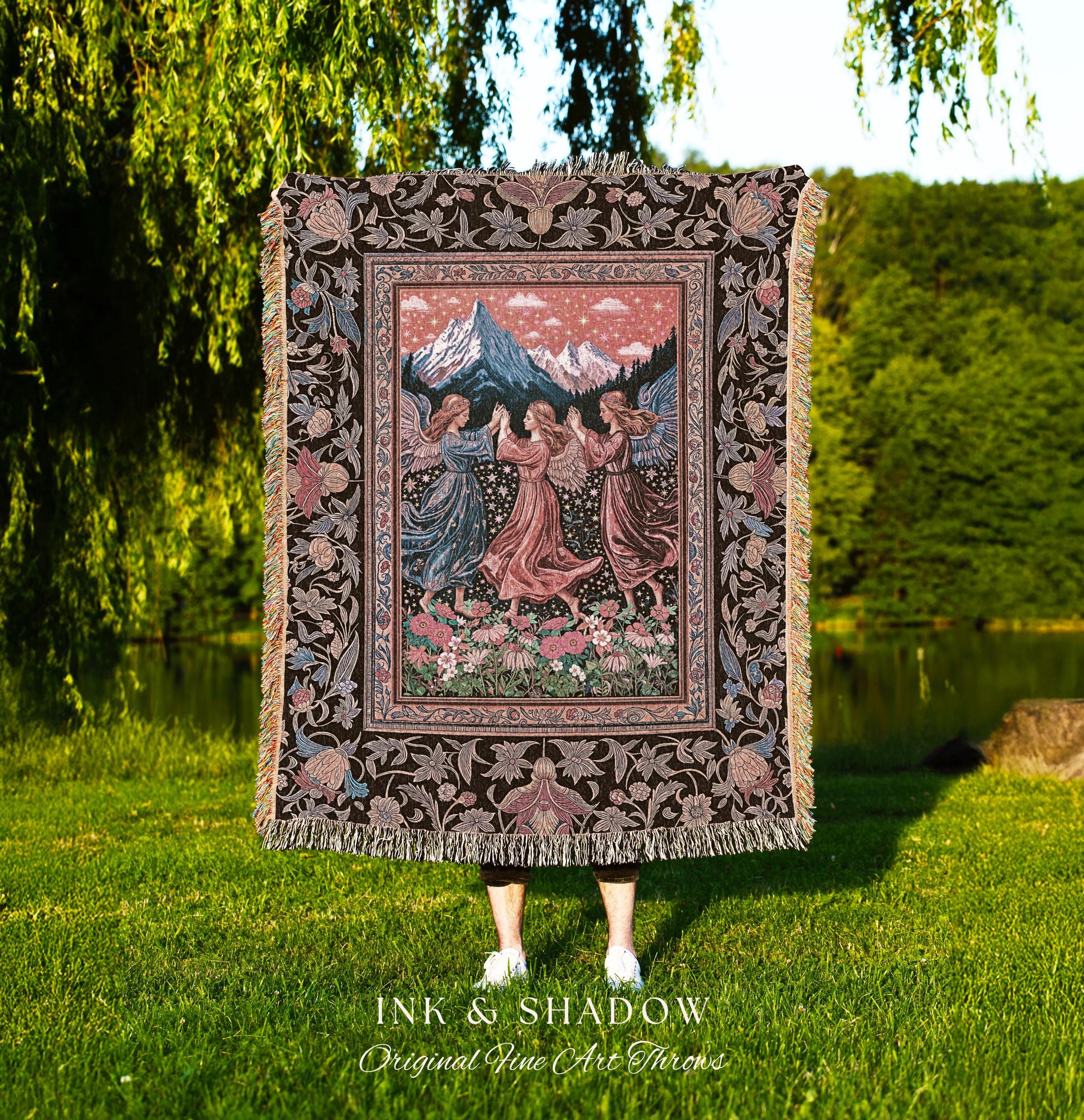 Enchanted Meadow Angel Blanket | Ethereal Dreamy Bohemian Cottagecore Light Academia Mystic Folklore Woven Tapestry Pastel Whimsical Decor