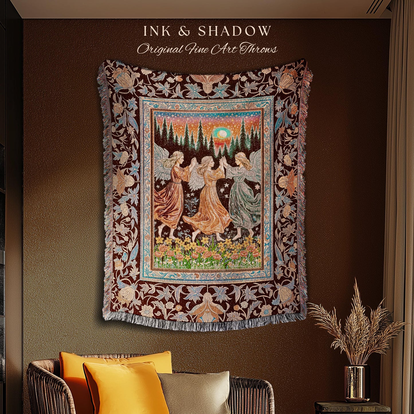 Retro Fairy Meadow Cozy Throw Blanket | Whimsigothic Wall Tapestry Cottagecore Dreamy Medieval Academia Aesthetic Mystic Folklore Enchanted