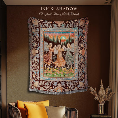 Retro Fairy Meadow Cozy Throw Blanket | Whimsigothic Wall Tapestry Cottagecore Dreamy Medieval Academia Aesthetic Mystic Folklore Enchanted
