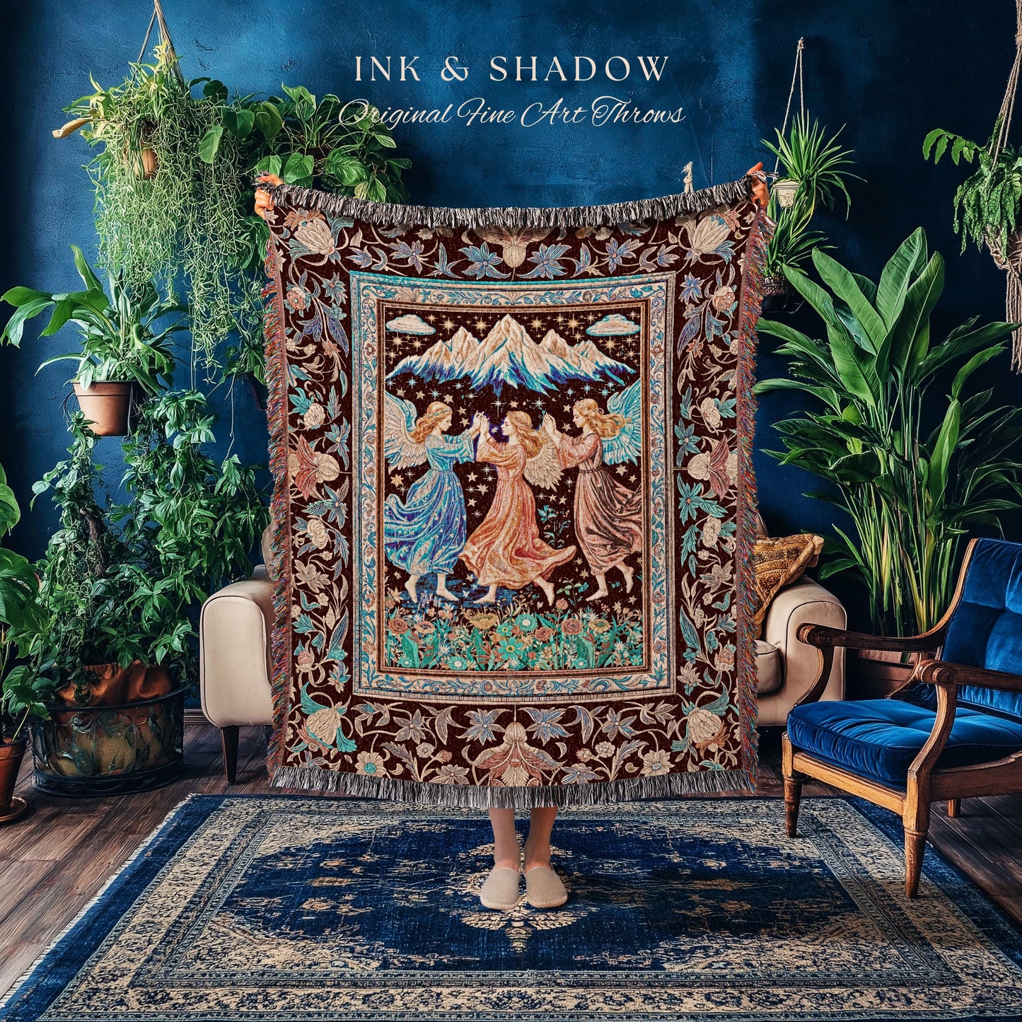 Spring Goddesses Wildflower Fairy Blanket | Medieval Academia Woven Tapestry Dark Cottagecore Dreamy Ethereal Fairytale Throw Fairycore Home