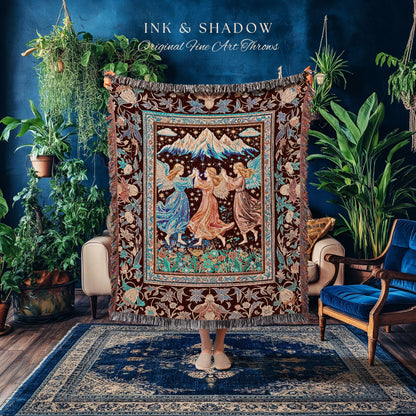 Spring Goddesses Wildflower Fairy Blanket | Medieval Academia Woven Tapestry Dark Cottagecore Dreamy Ethereal Fairytale Throw Fairycore Home