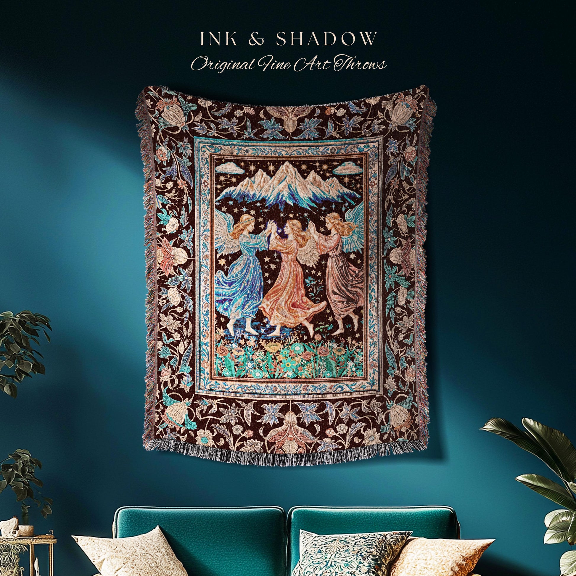 Spring Goddesses Wildflower Fairy Blanket | Medieval Academia Woven Tapestry Dark Cottagecore Dreamy Ethereal Fairytale Throw Fairycore Home