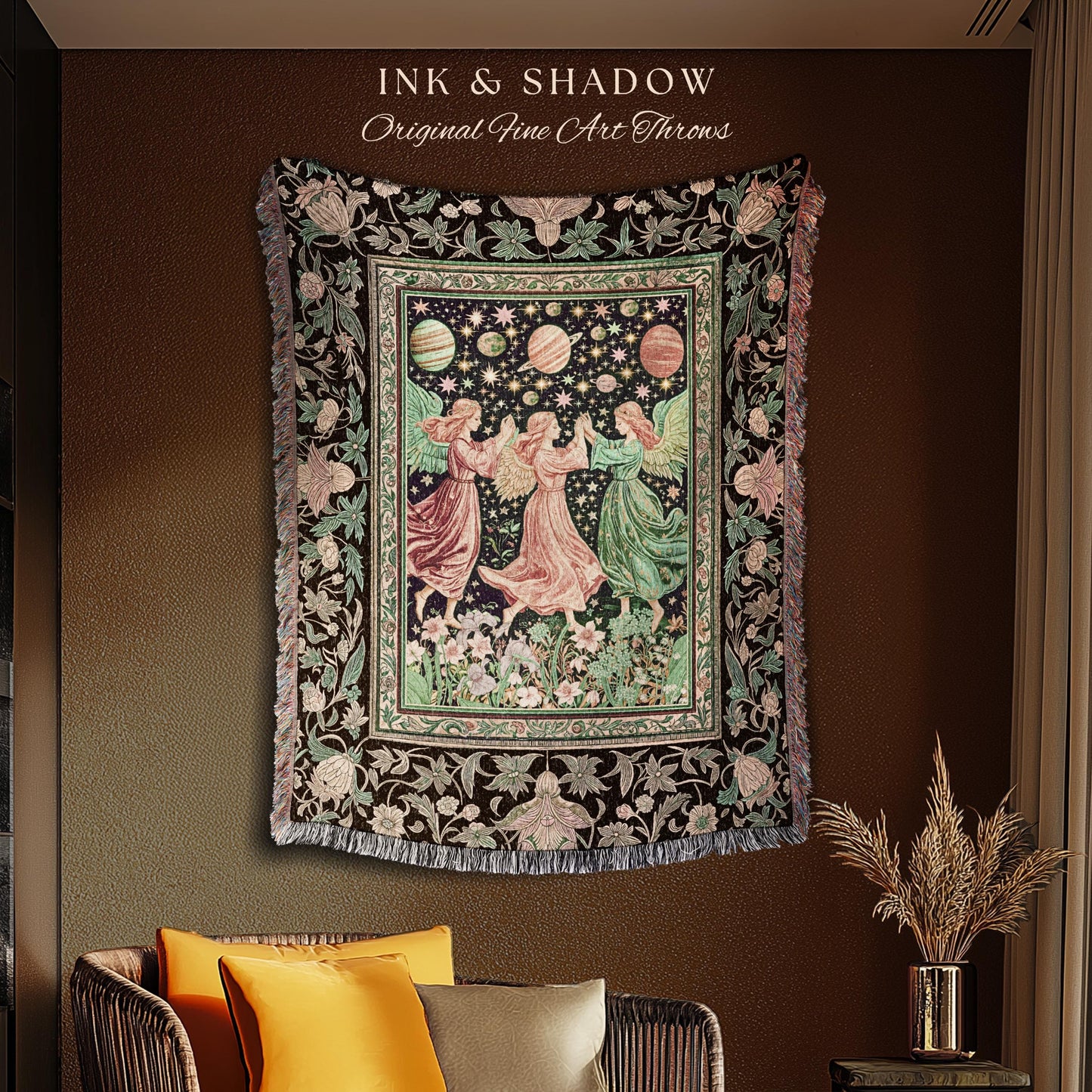 Astral Angels Whimsical Cozy Throw | Modern Medieval Fairycore Blanket Enchanted Dreamy Cottagecore Dark Academia Aesthetic Woven Tapestry |