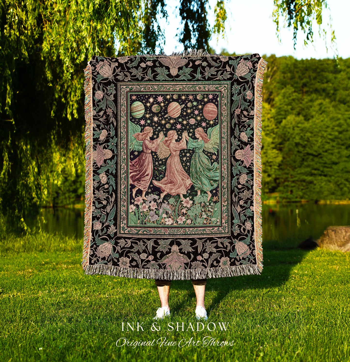 Astral Angels Whimsical Cozy Throw | Modern Medieval Fairycore Blanket Enchanted Dreamy Cottagecore Dark Academia Aesthetic Woven Tapestry |