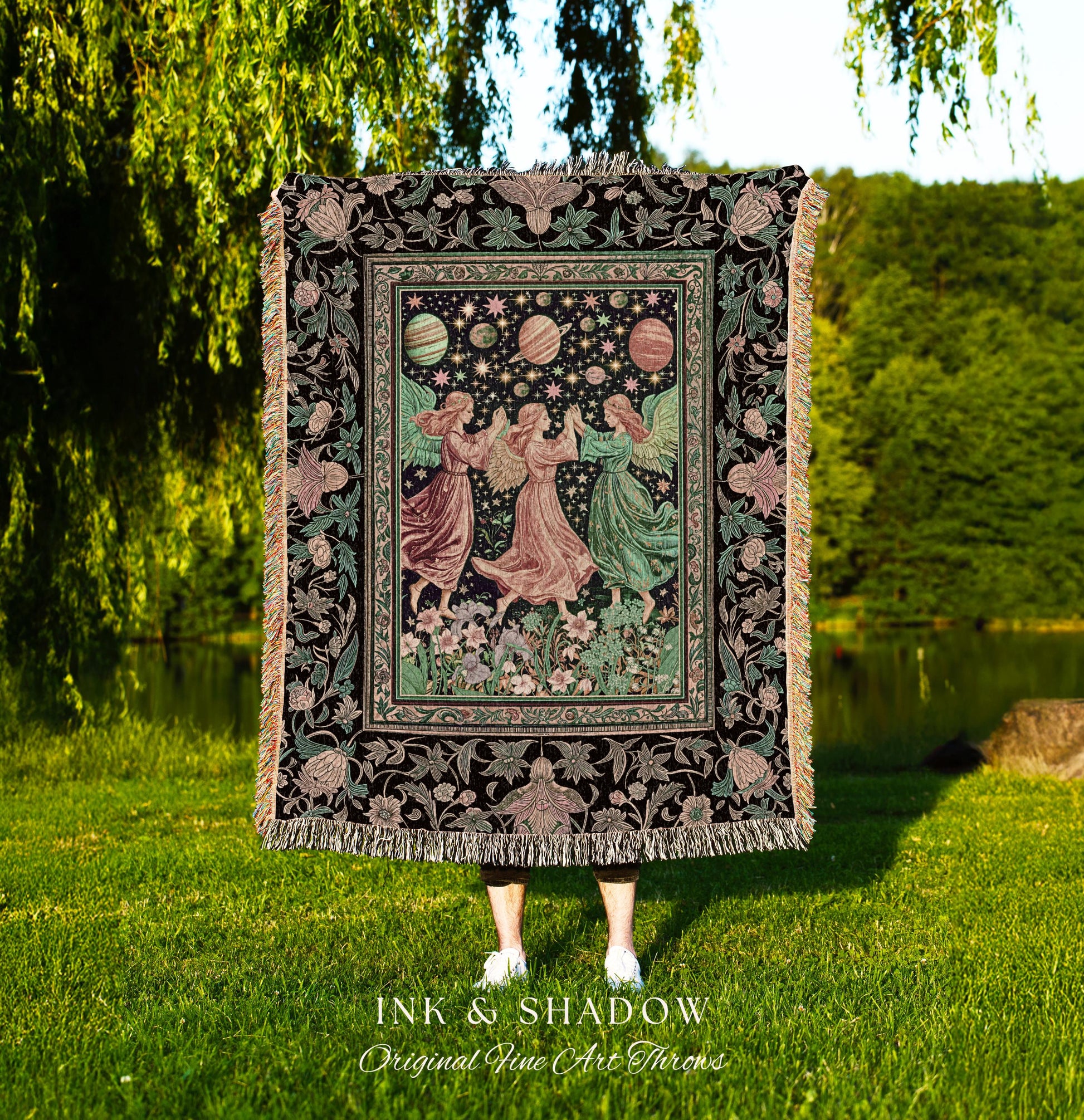 Astral Angels Whimsical Cozy Throw | Modern Medieval Fairycore Blanket Enchanted Dreamy Cottagecore Dark Academia Aesthetic Woven Tapestry |