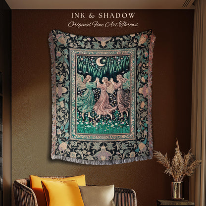 Moonlit Midsummer Night Angel Blanket | Ethereal Folklore Fairy Decor Cottagecore Medieval Dreamy Woven Tapestry Fairycore Dark Academia |