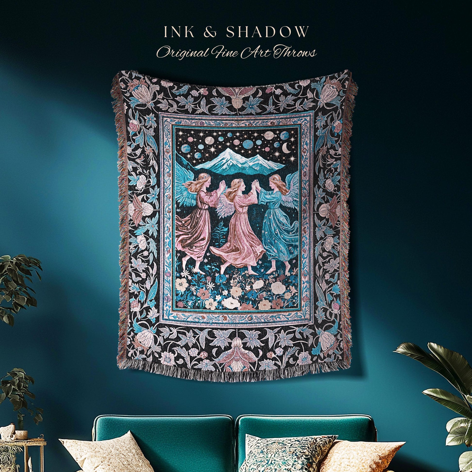 Mountain Maidens Ethereal Woven Tapestry | Whimsical Folklore Angels Enchanted Cottagecore Throw Blanket Medieval Fairycore Dark Academia |