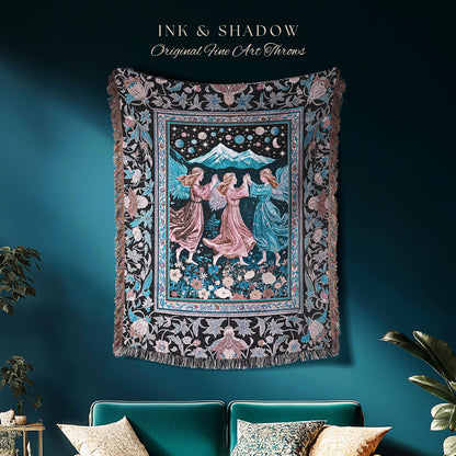 Mountain Maidens Ethereal Woven Tapestry | Whimsical Folklore Angels Enchanted Cottagecore Throw Blanket Medieval Fairycore Dark Academia |