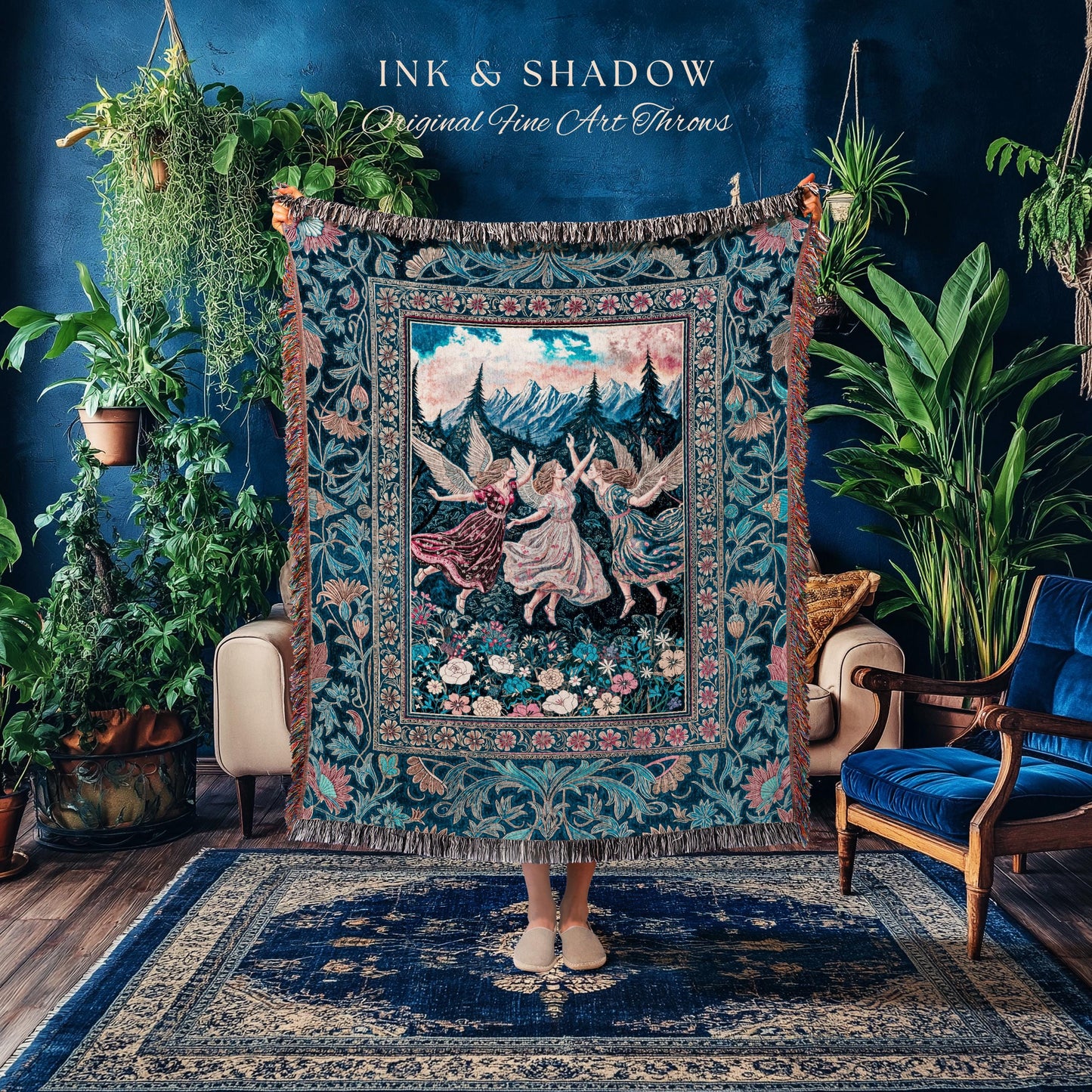 Playful Woodland Fairies Blanket | Dreamy Enchanted Fairytale Woven Tapestry Fairycore Medieval Throw Cottagecore Whimsical Folklore Vibe |