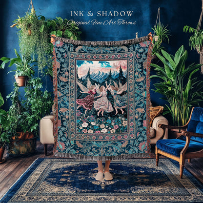 Playful Woodland Fairies Blanket | Dreamy Enchanted Fairytale Woven Tapestry Fairycore Medieval Throw Cottagecore Whimsical Folklore Vibe |