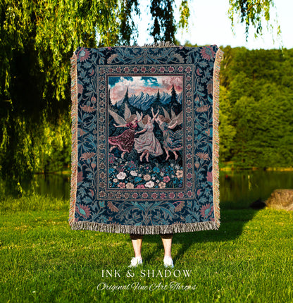 Playful Woodland Fairies Blanket | Dreamy Enchanted Fairytale Woven Tapestry Fairycore Medieval Throw Cottagecore Whimsical Folklore Vibe |