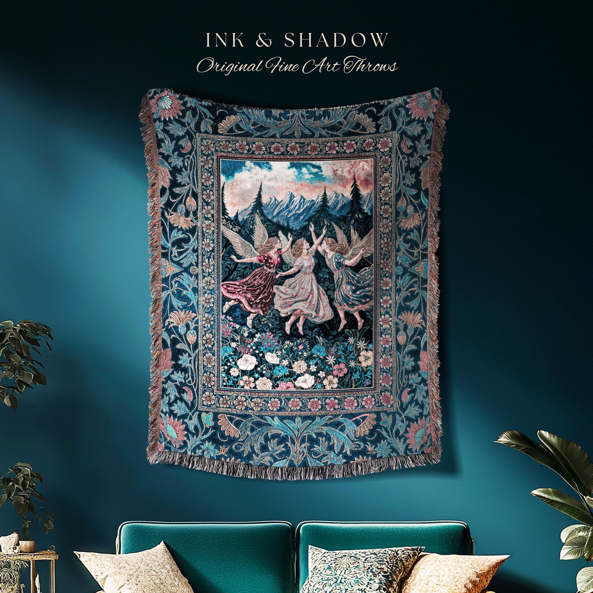 Playful Woodland Fairies Blanket | Dreamy Enchanted Fairytale Woven Tapestry Fairycore Medieval Throw Cottagecore Whimsical Folklore Vibe |