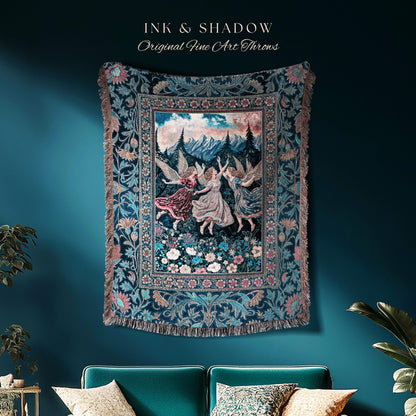 Playful Woodland Fairies Blanket | Dreamy Enchanted Fairytale Woven Tapestry Fairycore Medieval Throw Cottagecore Whimsical Folklore Vibe |