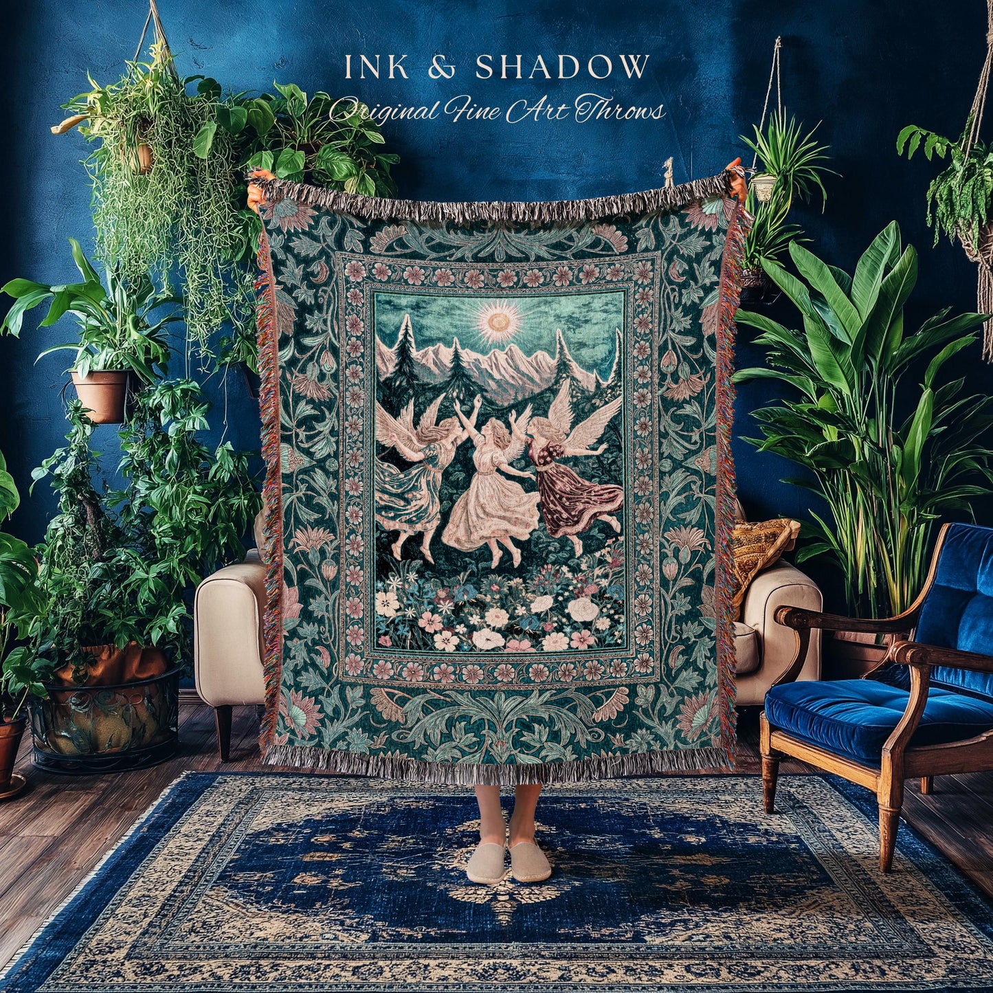 Sunny Wildflower Meadow Fairy Tapestry | Midsummer Aesthetic Throw Blanket Folklore Fairytale Enchanted Medieval Angels Cottagecore Coquette