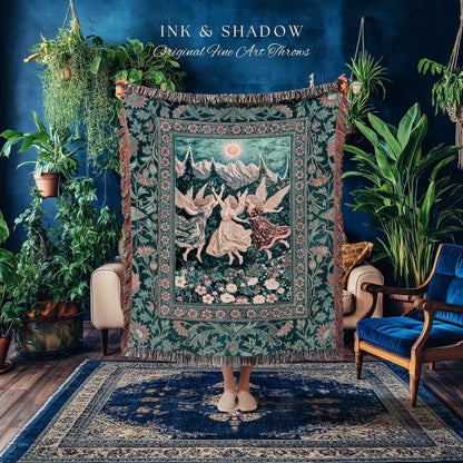 Sunny Wildflower Meadow Fairy Tapestry | Midsummer Aesthetic Throw Blanket Folklore Fairytale Enchanted Medieval Angels Cottagecore Coquette