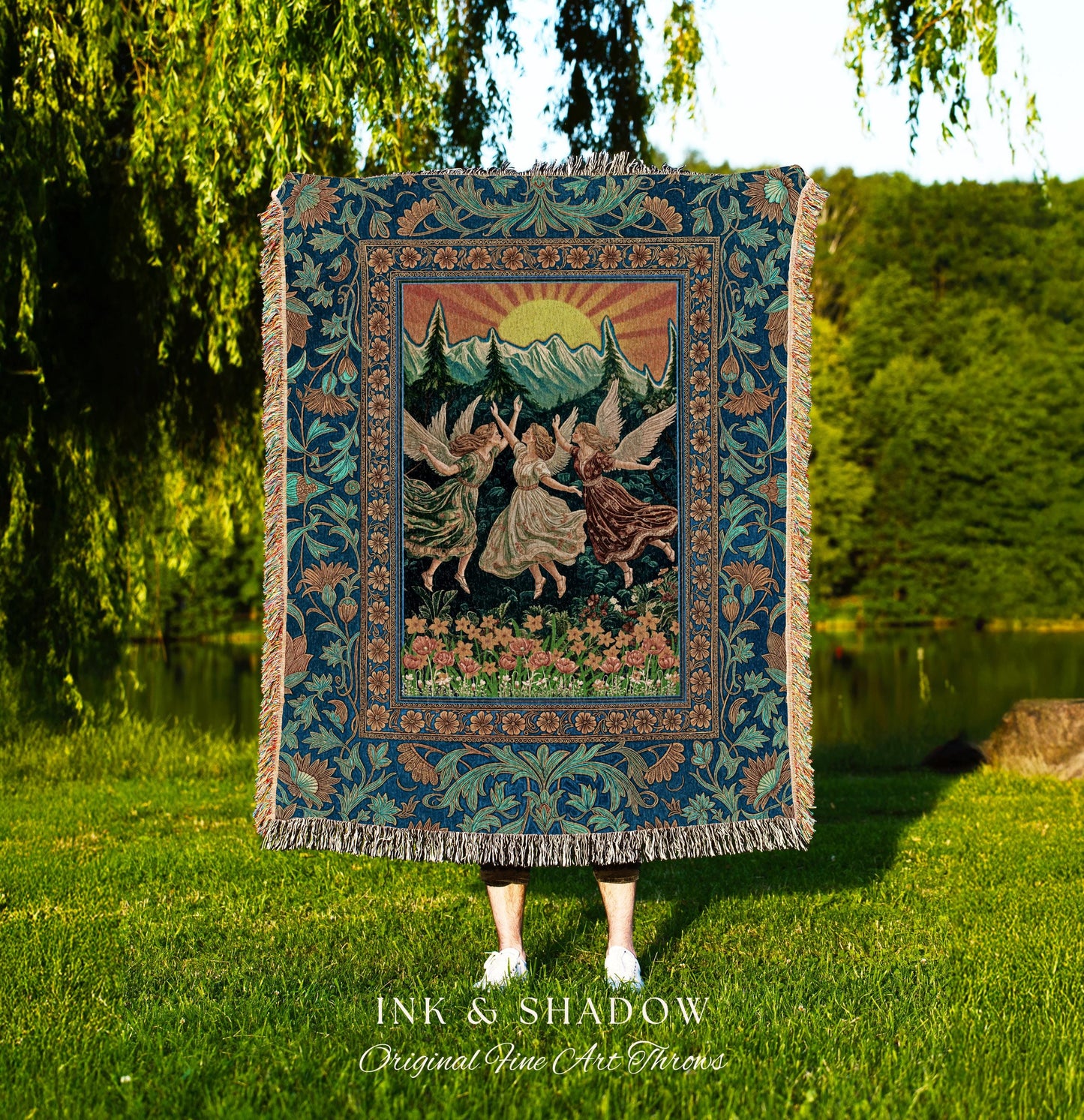 Art Nouveau Angel Forest Throw Blanket | Dreamy Folklore Fairycore Woven Tapestry Whimsical Mythology Cottagecore Retro Fairy Aesthetic Boho