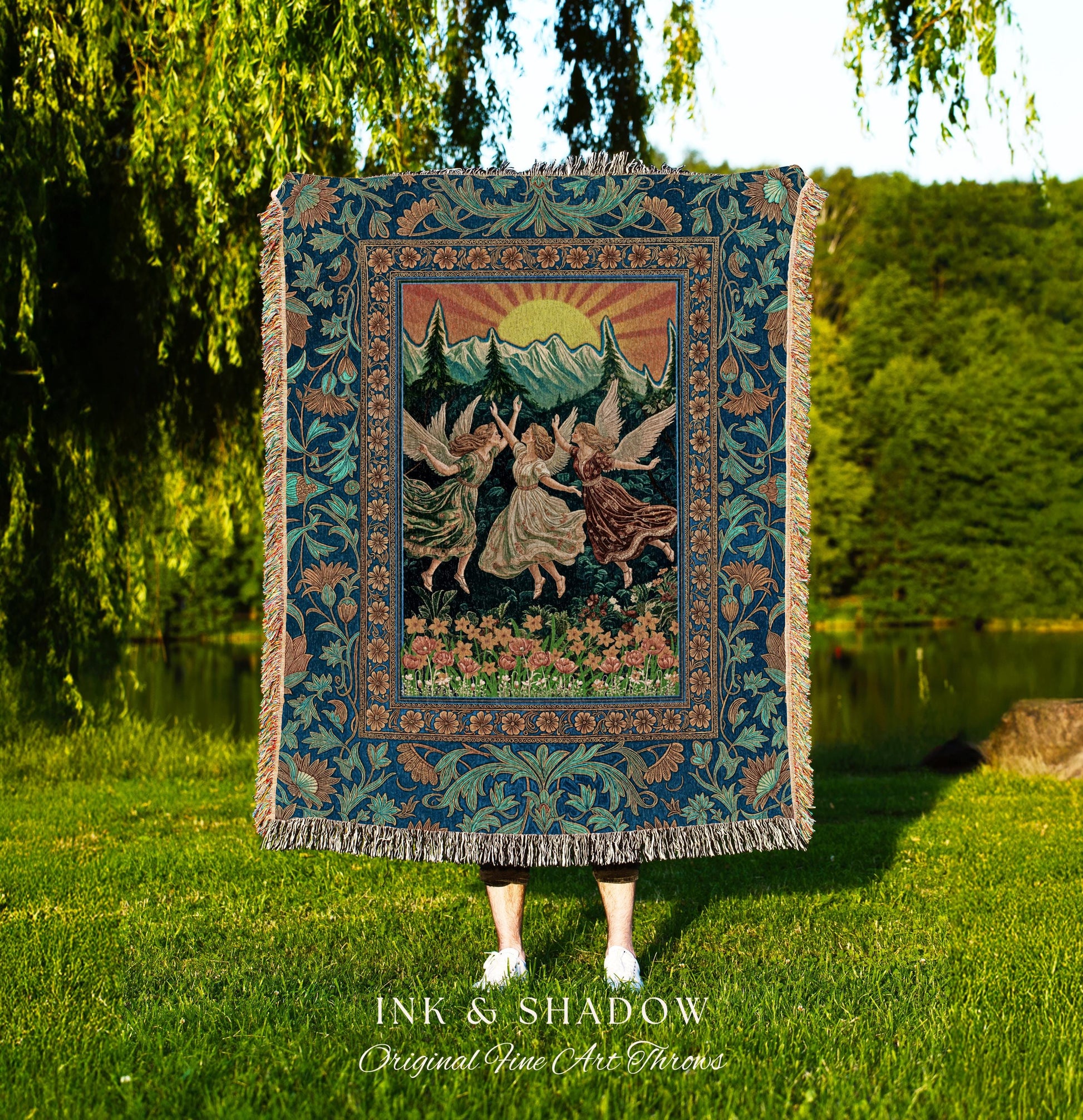 Art Nouveau Angel Forest Throw Blanket | Dreamy Folklore Fairycore Woven Tapestry Whimsical Mythology Cottagecore Retro Fairy Aesthetic Boho