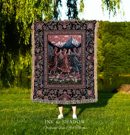 Dancing Angels Boho Woven Tapestry | Medieval Aesthetic Cottagecore Rustic Bohemian Room Decor Ethereal Throw Blanket Whimsical Home Accent