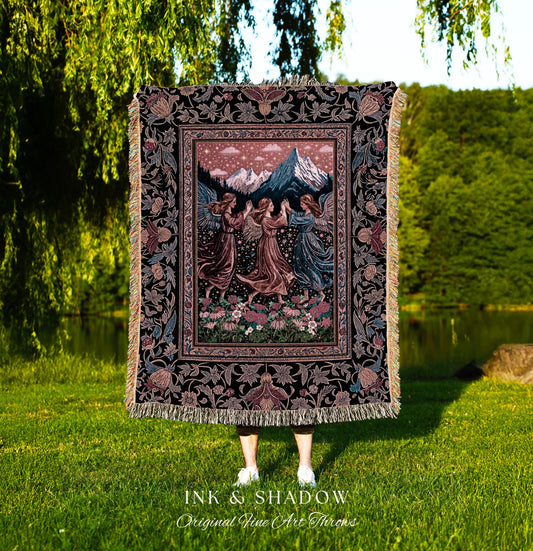 Dancing Angels Boho Woven Tapestry | Medieval Aesthetic Cottagecore Rustic Bohemian Room Decor Ethereal Throw Blanket Whimsical Home Accent