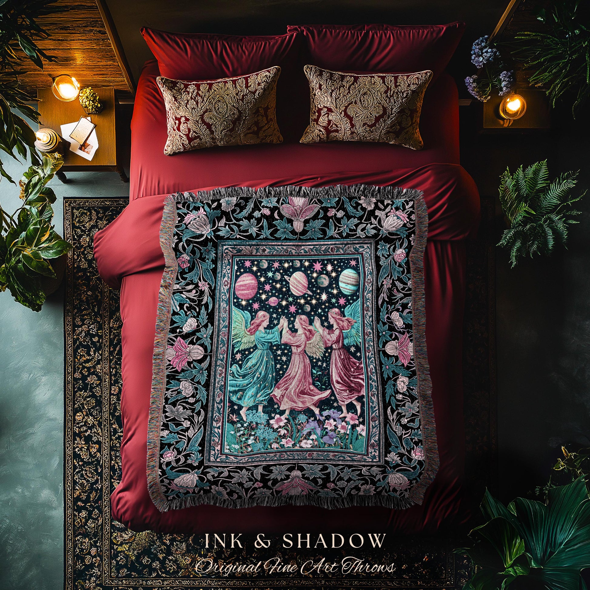 Witchy Celestial Angels Throw Blanket | Astrology Inspired Cosmic Woven Wall Tapestry Whimsical Eclectic Home Decor Fairycore Bohemian Style