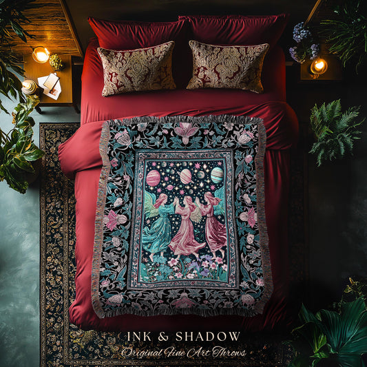 Witchy Celestial Angels Throw Blanket | Astrology Inspired Cosmic Woven Wall Tapestry Whimsical Eclectic Home Decor Fairycore Bohemian Style