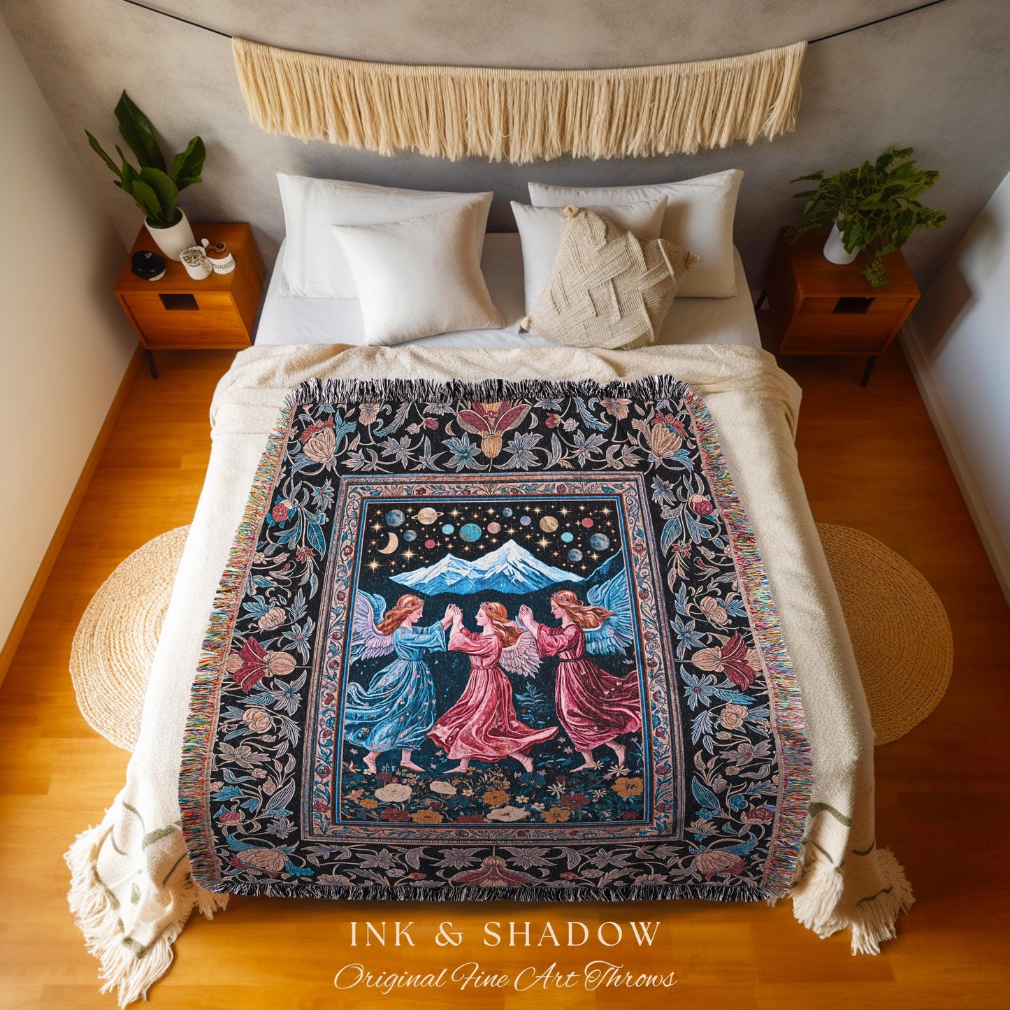 Mountain Fairies Magical Throw Blanket | Whimsical Scandinavian Folklore Woven Wall Tapestry Medieval Angel Aesthetic Celestial Woodland |