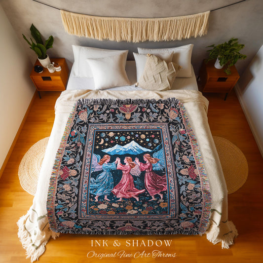 Mountain Fairies Magical Throw Blanket | Whimsical Scandinavian Folklore Woven Wall Tapestry Medieval Angel Aesthetic Celestial Woodland |