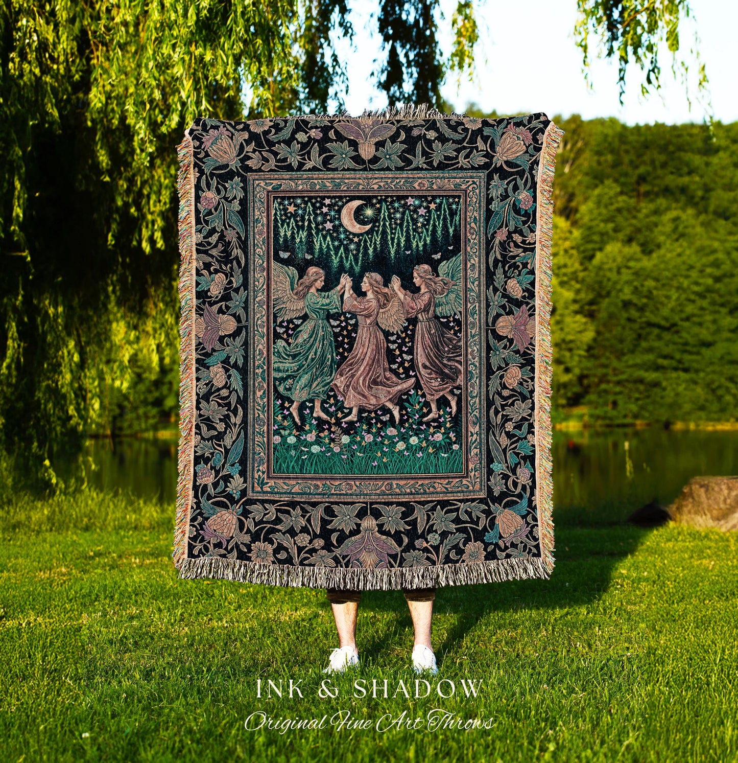 Moonlit Midsummer Night Angel Blanket | Ethereal Folklore Fairy Decor Cottagecore Medieval Dreamy Woven Tapestry Fairycore Dark Academia |