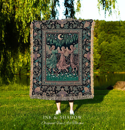 Moonlit Midsummer Night Angel Blanket | Ethereal Folklore Fairy Decor Cottagecore Medieval Dreamy Woven Tapestry Fairycore Dark Academia |