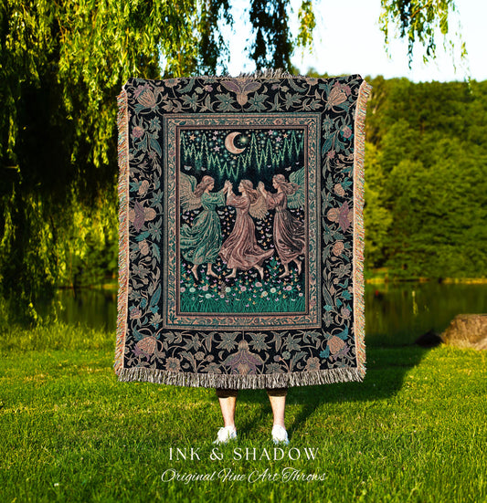 Moonlit Midsummer Night Angel Blanket | Ethereal Folklore Fairy Decor Cottagecore Medieval Dreamy Woven Tapestry Fairycore Dark Academia |