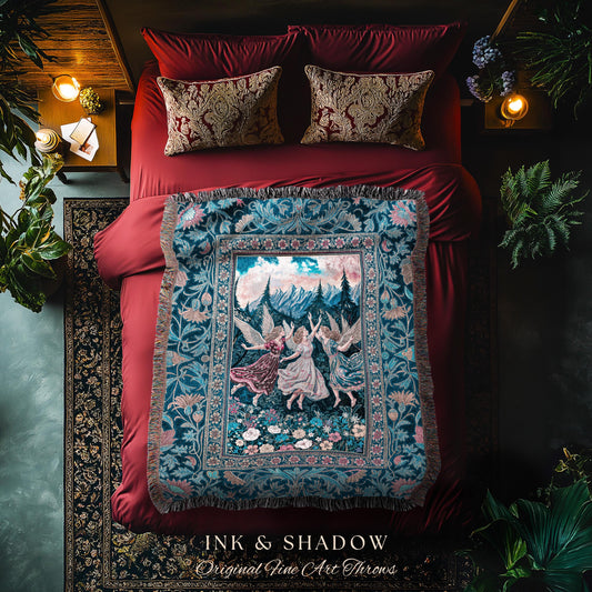 Playful Woodland Fairies Blanket | Dreamy Enchanted Fairytale Woven Tapestry Fairycore Medieval Throw Cottagecore Whimsical Folklore Vibe |